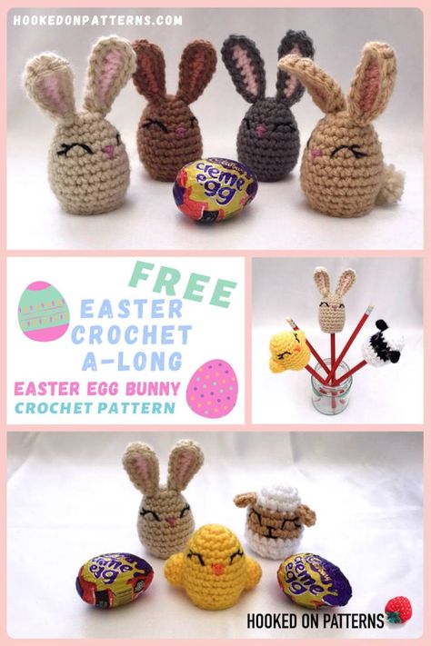 Free Easter Egg Bunny Crochet Pattern by Hooked On Patterns. They fit snuggly over a Cadbury's Creme Egg, or alternatively, can be made into pencil toppers. #Crochet #FreeCrochetPatterns #Easter #bunny #eggcosy #penciltopper Creme Egg Covers, Crochet Easter Decorations Patterns Free, Easter Egg Covers Free Pattern, Crochet Creme Egg Cover Pattern Free, Crochet Easter Egg Covers Free Pattern, Crochet Easter Chick, Easter Crochet Patterns Free Easy, Free Easter Crochet Patterns, Crochet Easter Gifts