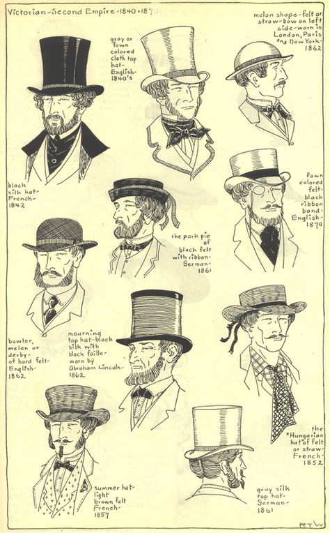 Hats, 1840-60's. Village Hat Shop Gallery, Chapter 15 - Victorian and Second Empire 1840-1870. History Of Hats, Hat History, Ww1 History, Historical Hats, Costume Carnaval, Victorian Men, Victorian Man, 19th Century Fashion, History Fashion