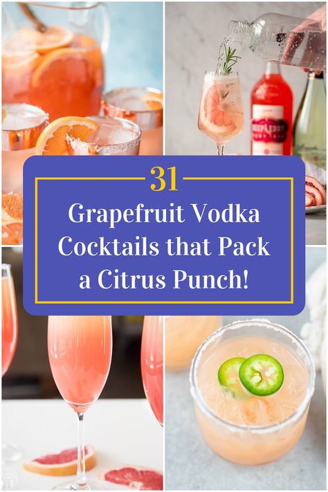 Collage of 4 grapefruit vodka cocktails. Grapefruit Vodka Cocktail Recipes, Drinks With Grapefruit Vodka, Vodka And Grapefruit Drinks, Grapefruit Cocktail Vodka, Grapefruit Vodka Drinks Recipes, Deep Eddy's Grapefruit Vodka Recipes, Grapefruit Tequila Cocktail, Deep Eddy Grapefruit Vodka Recipes, Grapefruit Vodka Drinks