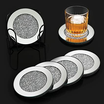 Amazon.com: 6 Pcs Glass Mirrored Coasters for Drinks with Holder, Mckanti Crushed Diamond Coaster Set, Silver Crystal Wine Coasters, Round Drink Coasters for Coffee Table Home Decor Tabletop Protection, 4 Inches : Home & Kitchen Mirrors Diy, Glam Coffee Table, Mirror Coasters, Metal Coasters, Table Home Decor, Crushed Diamonds, Coffee Table Coasters, Wine Coasters, Coaster Holder