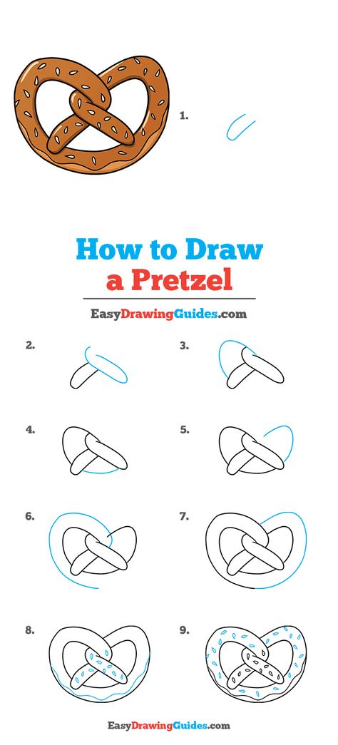 Cute Pretzel Drawing, Pretzel Drawing Simple, Food Drawing Sketches Easy, Pretzel Painting, How To Draw Food, Pretzel Drawing, Food Drawing Easy, Baking Drawing, Easy Drawing Tutorial