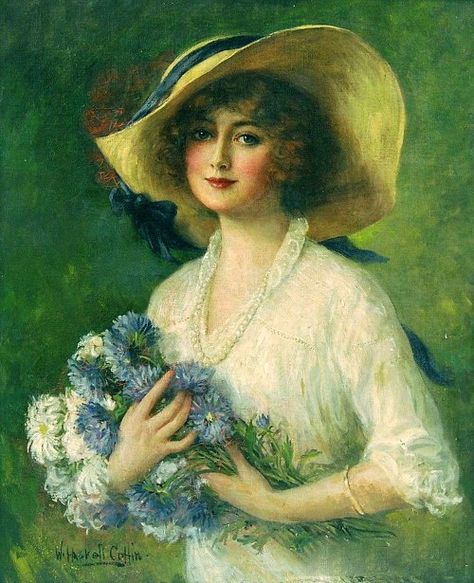 Young Woman Holding A Bouquet Of Flowers William Haskell, Holding A Bouquet Of Flowers, Intermediate Colors, Mermaid Cross Stitch, Holding A Bouquet, Woman With Flowers, Victorian Paintings, Victorian Ladies, A Bouquet Of Flowers