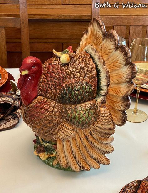 A Turkey on the Thanksgiving Tablescape — Whispers of the Heart Vintage Ceramic Turkeys, Turkey Platters Display, Ceramic Turkey Centerpiece, Ceramic Turkey, Turkey Napkin Rings, Turkey Place Cards, Turkey Napkins, Turkey Plates, Turkey Cookies