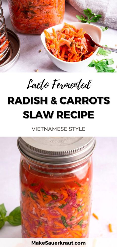 Fermenting Vegetables, Fermented Vegetables Recipes, Pickled Foods, Vietnamese Style, Carrot Slaw, Radish Recipes, Fermented Cabbage, Fermentation Recipes, Vegetables Recipes