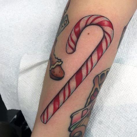 Candy Cane Tattoo, Fall Tattoo, Christmas Tattoos, Candy Tattoo, Tustin California, Friday The 13th Tattoo, California Tattoo, Autumn Tattoo, Christmas Tattoo