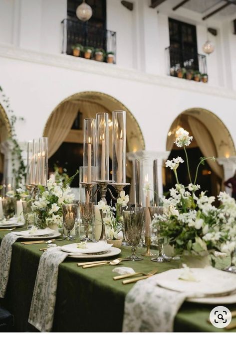 Moss Green Wedding, Green Tablescape, White Weddings Reception, Green Tablecloth, Green Themed Wedding, Green Wedding Colors, Allure Bridals, Sage Green Wedding, Green Table