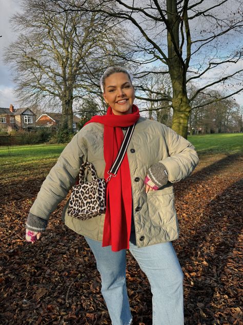 Ganni style, red scarf styling, easy spring outfit, leopard print bag, big scrunchie, oversized scrunchie, simple outfit, pop of red outfit, quilted jacket Ganni Leopard Bag, Big Scrunchie Outfit, Red Scarf Outfit, Ganni Style, Scarf Styling, Simple Spring Outfits, Oversized Scrunchie, Leopard Print Bag, Leopard Bag