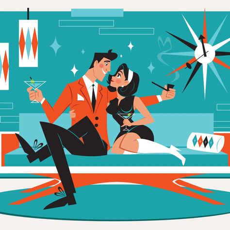 atomic art - Google Search Retro Couple, Johnny And June, Cuddling On The Couch, Mid Century Illustration, 11x14 Print, Mid Century Modern Art, Mid Century Art, Retro Illustration, Retro Futurism