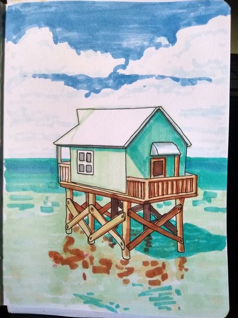 Marker Art Architecture, Alcohol Marker Drawings Architecture, Rando Marker Architecture, Marker Sketch Architecture, Architecture Alcohol Markers, Beach House On Stilts, Drawing Of A House, Aesthetic Illustrations, Elevated House