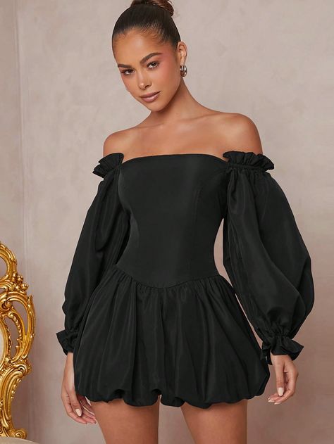 Off Shoulder Lantern Sleeve Bubble Hem Mini Dress Black Elegant  Long Sleeve Woven Fabric Plain A Line Non-Stretch  Women Clothing, size features are:Bust: ,Length: ,Sleeve Length: White Women Dresses, Simple Prom Dress, Bubble Hem, African Inspired Fashion, Elegant Dresses Long, Ruffle Hem Dress, Inspired Fashion, African Inspired, Lantern Sleeve