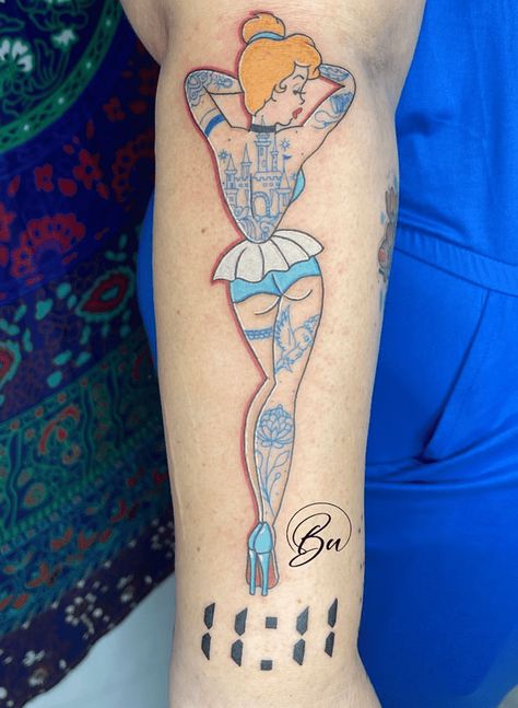 Cinderella Pinup Tattoo, Disney Leg Tattoos For Women, Cinderella Carriage Tattoo, Cinderella Tattoo Ideas, Cinderella Tattoos, Disney Tattoos For Men, Sleeping Beauty Tattoo, Cinderella Tattoo, Barbie Tattoo