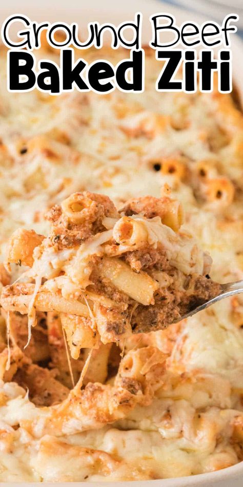 This Baked Ziti with Ground Beef is an easy weeknight dinner that's jam-packed with flavor! Tender noodles, ground beef, pasta sauce, Ricotta cheese, and mozzarella cheese combine in this pasta bake to make the ultimate comfort food. This ground beef baked ziti recipe is perfect for a quick weeknight meal or large gatherings. Easy Baked Ziti With Ground Beef, Baked Ziti With Ground Beef And Ricotta, Ground Beef Ziti, Beef Baked Ziti, Beef Pasta Sauce, Ziti With Ground Beef, Baked Ziti With Ground Beef, Baked Ziti With Ricotta, Ground Beef Pasta Recipes