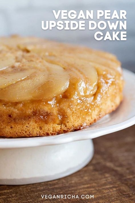 Vegan Pear Upside Down Cake. This amazing Vegan Upside Down Cake needs just 1 Bowl and 40 mins. Use other fruits for variation. #Vegan #Nutfree #Soyfree #Recipe Glutenfree option #VeganRicha #PearCake | VeganRicha.com 9 Inch Cake, Pear Upside Down Cake, Crab Food, Pear Dessert, Vegan Richa, Pear Cake, Pear Recipes, Crab Recipes, Pineapple Upside Down Cake