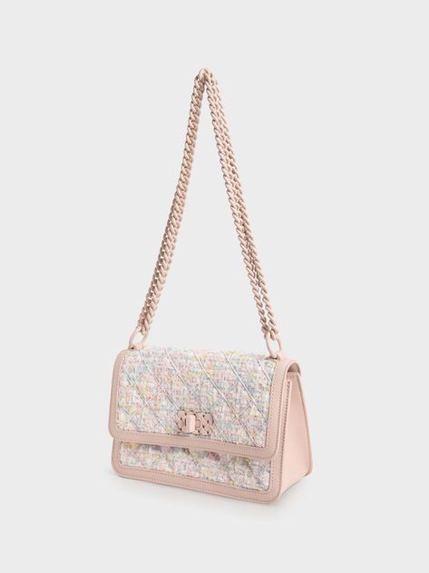 Light Pink Micaela Tweed Quilted Chain Bag | CHARLES & KEITH UK Luxurious Things, Charles And Keith Bags, Tweed Bag, Food Candles, Girly Bags, Trendy Handbags, Fancy Bags, Pink Purse, Side Bags