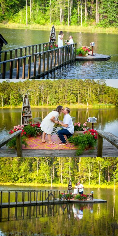 He asked her to marry him on the dock at his family's lake house, and it's pretty much the dream! Lakeside Proposal Ideas, Proposal Ideas Night, Lake Proposal Ideas, Lake Proposal, Surprise Engagement Photos, Cute Proposal Ideas, Boat Photoshoot, Proposal Spots, Original Wedding Ideas