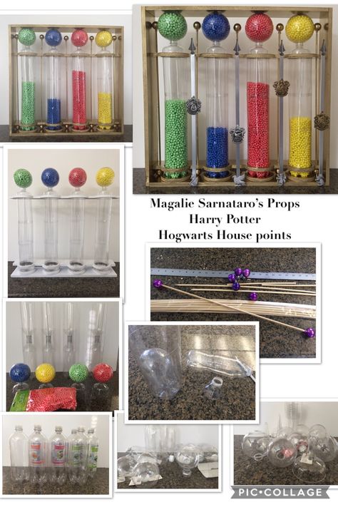 Harry Potter- Hogwarts House points tutorial. Foam core, plastic bottles, plastic ornaments, vase fillers, printouts crests/ mascots, nails, glue, paint . Magalie Sarnataro’s Props Harry Potter House Points Counter Diy, Harry Potter Sorting Party Ideas, Hogwarts House Points Diy, House Points Harry Potter, Dollar Tree Harry Potter Diy, Harry Potter House Points, Hogwarts Crafts, Wizard Bedroom, Scoreboard Ideas