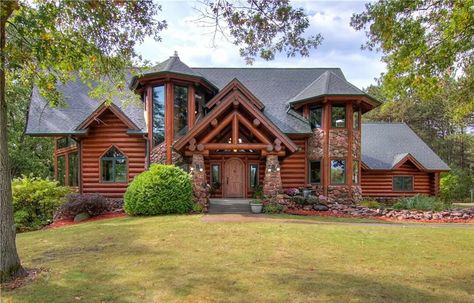 Your Log Cabin Fantasy is Only $1.6M and Just Outside Eau Claire... Stone And Log Homes, Log Cabins Exterior, Cabins Exterior, Log Cabin Mansions, Cabin Mansion, Fantasy Houses, Stone Archway, Three Season Room, Heated Garage