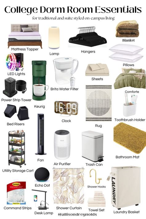 Things needed for college dorm room College Dorm List, Dorm Necessities, Uni Dorm, University Rooms, College Dorm Checklist, Dorm Room Checklist, Dorm Room Layouts, College Dorm Room Inspiration, University Hall