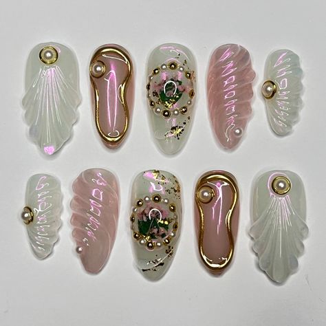 10Pcs Handmade Manicure Medium Shell Almond Fake Nails New 3D Limited Nails Press On Nails Design Seafoam Nail Designs, Chrome Seashell Nails, Marie Antoinette Inspired Nails, 3d Sculpting Gel Nail Art, 3d Seashell Nails, 3d Mermaid Nails, Melanie Martinez Nails Portals, Nail Art Designs 3d, Mermaid Nails Design