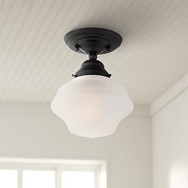 Schoolhouse Floating 7" Wide Black and Frosted Glass Ceiling Light School House Lighting, Industrial Contemporary, Hall Lighting, Black Canyon, Glass Ceiling Light, Contemporary Ceiling Light, Flushmount Ceiling Lights, Multipurpose Room, Glass Ceiling Lights