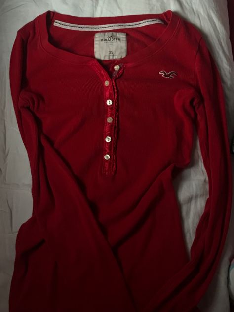 Red Henley Top, Red Long Sleeve Shirt Outfit, Twd Outfits, Early 2000s Outfits, Red Henley, Money Shirt, Clothing Board, Red Long Sleeve Shirt, 2000s Outfits