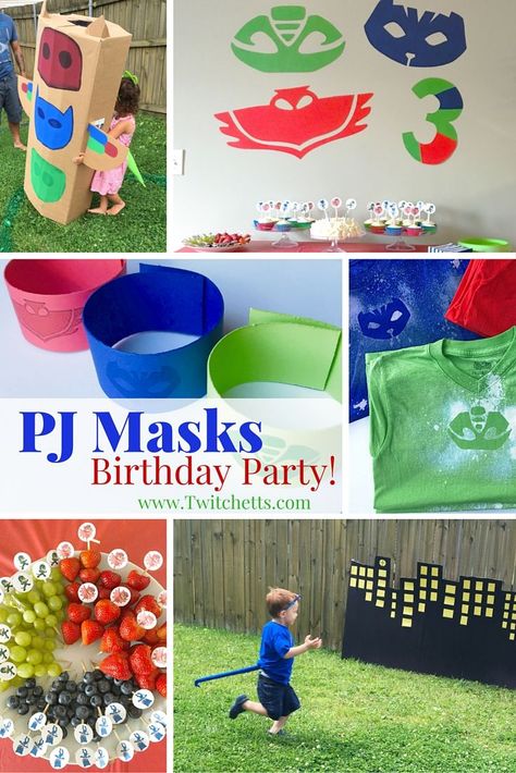 An overview from a 3 year old's birthday party. This PJ Masks party theme was a blast! So many fun ideas for food, decorations, party favors, an activity, and more! Pj Masks Birthday Party Ideas, Pj Masks Birthday Party Boys, Pj Masks Birthday Party, Pj Mask Party, Birthday Party Games For Kids, Pj Masks Birthday, Birthday Party Activities, Birthday Stuff, Superhero Birthday Party