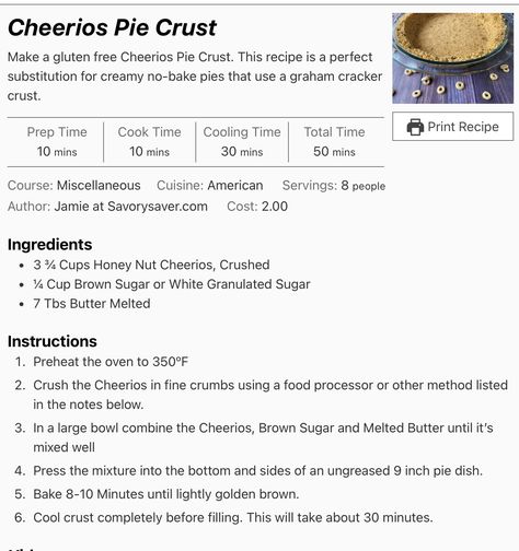 Cheerios Pie Crust, Cheerio Pie Crust Gluten Free, Recipes Using Honey Nut Cheerios, Apple Pie Gram Cracker Crust, Honey Nut Cheerios Marshmallow Treats, Honey Nut Cheerios, Honey Nut, No Bake Pies, Graham Cracker Crust