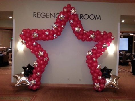 Stage or Entrance Star Shape Balloon Arch with foil stars Award Ceremony Decorations, Hollywood Party Theme, Photo Balloons, Hollywood Theme, Academic Excellence, Balloon Arrangements, Balloon Delivery, Award Ceremony, Black Balloons