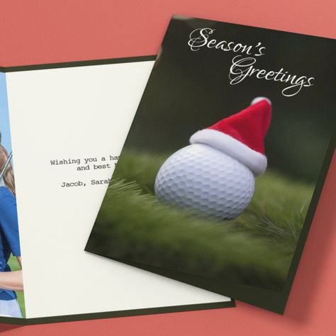 Elegant folded Christmas holiday card featuring a lone golf ball on a holiday green wearing a red Santa's hat. Personalizable "Season's Greetings" header. Inside card includes a prominent family photo and personal message. Contact for assistance in personalizing or customizing to your wishes. Happy Holidays! Christmas Golf, Custom Golf, Christmas Holiday Cards, Season's Greetings, Christmas Photo, Elegant Christmas, Holiday Photo Cards, Seasons Greetings, Golf Ball