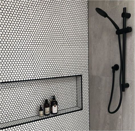 Penny Lover | Centsational Style White Tile Black Grout, Penny Tiles Bathroom, Black Shower Head, Black Grout, Black White Bathrooms, Penny Tile, Boys Bathroom, Basement Bathroom, Black Shower