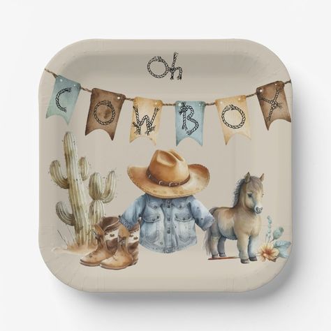 Celebrate your little cowboy with these adorable paper plates! Cow Baby Shower Centerpieces, Little Cowboy Baby Shower Ideas, Cowboy Centerpieces, March Baby Shower, Cowboy Baby Shower Theme, Western Centerpieces, Boy Western, Baby Shower Plates, Boys Food