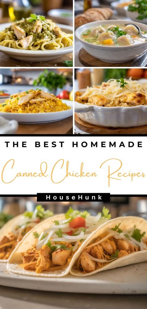 Do you love canned chicken? Then you'll love these 20 canned chicken recipes that are easy, fast, and yummy. From chicken tinga tacos and chicken alfredo pizza to chicken noodle soup and chicken parmesan patties, these recipes are perfect for when you're out of fresh meat. Pin this post and enjoy! Canned Chicken Tacos Recipe, Canned Chicken Tacos, Canned Chicken Pizza, Canned Chicken Recipes Easy Quick, Canned Chicken Recipes, Chicken Tinga Tacos, Survival Recipes, Tinga Tacos, Chicken Alfredo Pizza