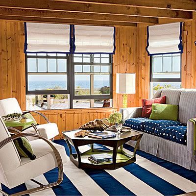 Working With Natural Wood Walls & Ceilings | The Lettered Cottage Knotty Pine Decor, Knotty Pine Rooms, Knotty Pine Walls, Blue And White Living Room, Beach Living Room, Pine Walls, Striped Room, Rustic Coastal, Beach Room