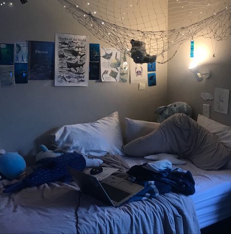 This is my room, tag me if u repost:)  #roominspo #aestheticroom #aesthetic #room #oceanroom #oceanroominspo #ocean #marinelife #marine #shark #fish #roomdecor Sea Bedroom Aesthetic, Shark Room Aesthetic, Room Ideas Ocean, Aquatic Bedroom, Light Blue Bedroom Aesthetic, Ocean Bedroom Ideas, Ocean Room Ideas, Ocean Themed Room, Shark Bedroom