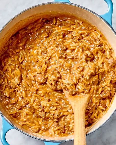 Creamy One-Pot Beef Orzo Recipe | The Kitchn Orzo Hamburger Recipes, Orzo Beef Recipes, Hamburger Orzo Recipes, Ground Beef Orzo Recipes, One Pot Ground Beef Recipes, Ozempic Meal Plan, Beef Orzo, Orzo Dinner Recipes, Ground Beef Cream Cheese