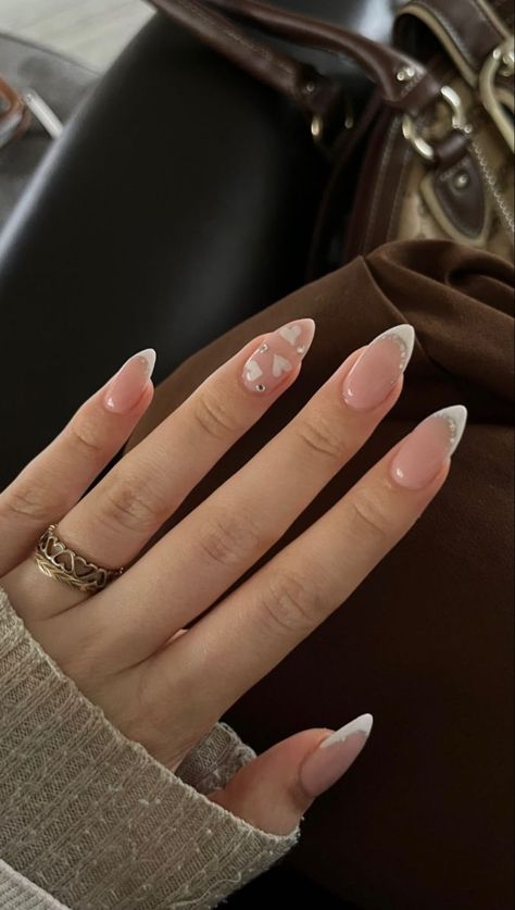 Prom Nails Oval Shape, French Manicure With Stones, Heart Shaped French Nails, Nails With Stones Rhinestones, French Manicure With Heart, Rhine Stone Nails, French Nails Oval, Sharp Almond Nails, Oval French Nails