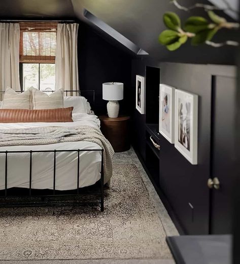 Black Bedroom Vaulted Ceiling, Attic Rec Room Ideas, Paint Attic Bedroom Sloped Ceiling, Black Painted Ceiling Bedroom, Black Bedroom White Trim, Painting Attic Rooms Sloped Ceiling, Slanted Ceiling Bedroom Paint, Sloped Ceiling Bedroom Decor, Sloped Bedroom Ceiling