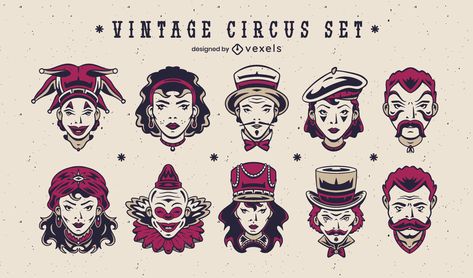 Carnival Vintage, Vector Character Design, Circus Performers, A Clown, Vintage Circus, Fortune Teller, Shirt Maker, Vintage Character, Vector Character