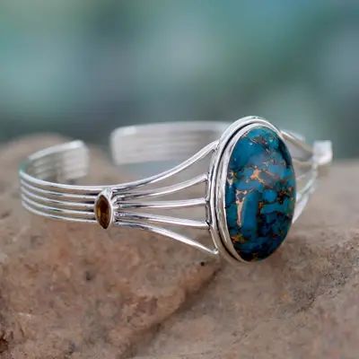 UNICEF Market | Citrine and Composite Turquoise Silver Cuff Bracelet - Blue Island Necklaces Statement, Blue Island, Sterling Silver Cuff Bracelet, Sterling Silver Cuff, Silver Cuff Bracelet, Blue Gemstones, Stunning Jewellery, Silver Cuff, Soldering