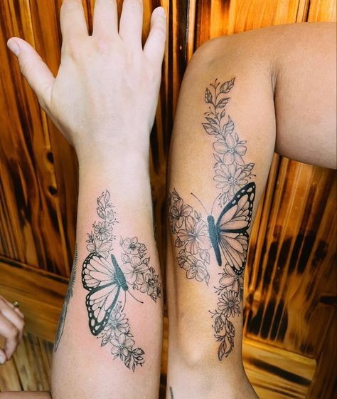 Sister Tattoos Butterflies, Best Friend Tattoos Butterfly, Best Friend Butterfly Tattoos, Top Of Arm Tattoos For Women, Tattoo Ideas Female Meaningful Unique Arm, Top Arm Tattoo Women, Lower Arm Tattoos For Women Unique, Butterfly Arm Tattoo, Ankle Cuff Tattoo