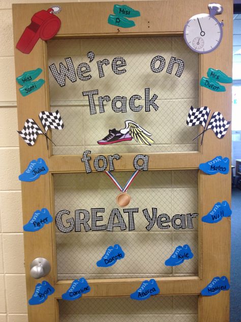 Welcome back bulletin board Running Bulletin Board Ideas, Track And Field Bulletin Board Ideas, Sports Bulletin Board Ideas Hallways, Track Bulletin Board, Sports Bulletin Board Ideas, Sports Bulletin Boards, Physical Education Bulletin Boards, Pe Bulletin Boards, School Sports Theme