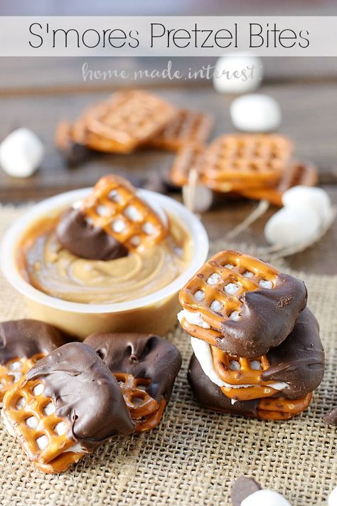 Salty, sweet, crunchy, gooey, these s’mores pretzel bites are the perfect on-the-go solution for s’mores lovers! Smores Bites, Smore Recipes, Cracker Snacks, Quick Easy Snacks, Hockey Team, Yummy Sweets, Graham Cracker, S Mores, Candy Recipes