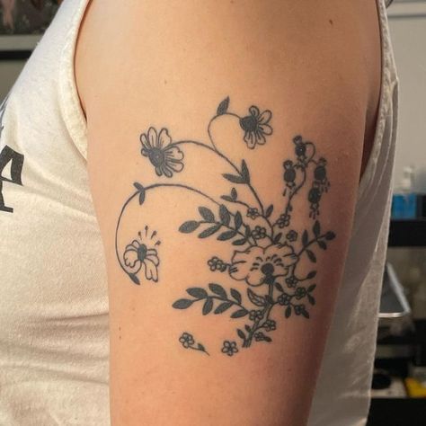 Elder Flower Tattoo, Healed Flower Tattoo, Love It If We Made It Tattoo, Mayflower Tattoo, Folk Floral Tattoo, Flower Tattoo On Back, Symmetrical Floral Back Tattoo, Traditional Folk Tattoo, Folk Flower Tattoo Black