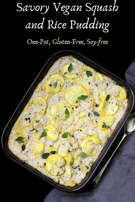 This savory vegan Squash and Rice Pudding is all of summer's best flavors in a bowl. Yellow squash is baked into a creamy rice pudding with herbs like oregano and basil. Vegan, soy-free and just ... ingredients. Can be one-pot. #breakfast #vegan #squash #summerrecipes #ricepudding HolyCowVegan.net Vegan Squash, Just Ingredients, Creamy Rice Pudding, Creamy Rice, Vegan Thanksgiving Recipes, Gluten Free Vegan Recipes, Vegan Gluten Free Recipes, Savory Vegan, Vegan Thanksgiving