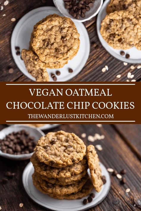 These Vegan Oatmeal Chocolate Chip Cookies are chewy and full of rich chocolate and textured granola. You won't be able to eat just one! Vegan Oatmeal Chocolate Chip Cookies, Healthy Vegan Dessert, Oat Chocolate Chip Cookies, Oatmeal Chocolate Chip Cookie, Vegan Oatmeal Cookies, Oatmeal Chocolate Chip Cookie Recipe, Vegan Oatmeal, Easy Vegan Dessert, Oatmeal Chocolate Chip