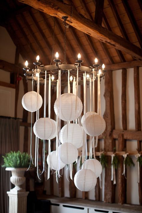 35 Ways to Add the Quirkiness of Paper Lanterns in your Wedding Decor! Paper Lantern Chandelier, Ribbon Chandelier, Country Nursery, White Paper Lanterns, Paper Lanterns Wedding, Lantern Decor Wedding, Paper Lantern Decor, Wedding Ceiling, Deco Champetre