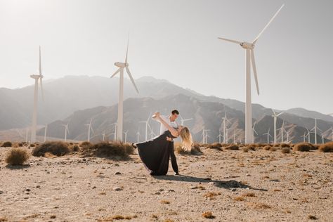 Palm Springs Windmill Photoshoot, Windmill Photoshoot, Windmill Photos, Prenup Ideas, Wind Mills, Tree Palm, California Engagement Photos, Spring Engagement Photos, Sacred Mountain