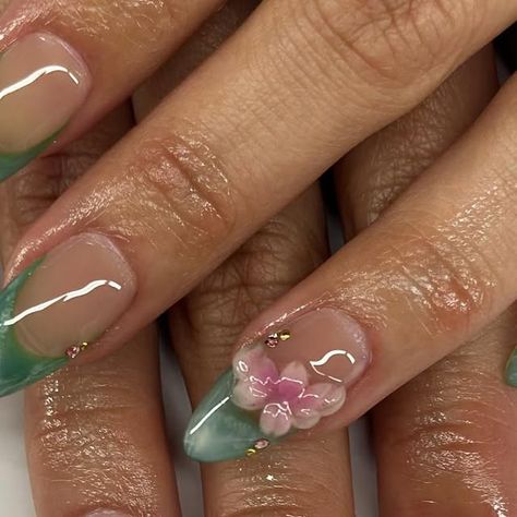 chelle da nail artist on Instagram: "Jade French tips & flowers for @briannapd 🪷" Jelly Flower Nails, French Tips Flowers, Tropical Flower Nails, Blooming Nails, Orchid Nails, Jade Nails, Short Acrylic, French Tips, Flowering Vines