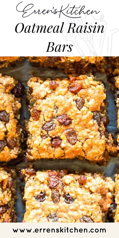 With these sweet treats that are filled Raisins, Oats and finished with a touch of Cinnamon, this easy recipe for Cinnamon and Raisin Oat bars creates you a tasty moist bar that you could have as breakfast, snack or a dessert! #ErrensKitchen #bars #desserts Raisin Squares Recipe, Oatmeal Raisin Bars, Raisin Bars, Mat Inspiration, Breakfast Bars Recipe, Oatmeal Cookie Bars, Easy Oatmeal, Oatmeal Bars, Oat Bars