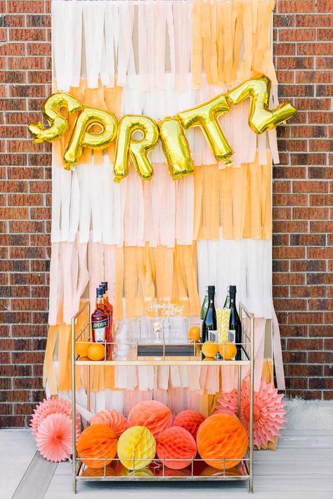 Bar Cart Ideas: Aperol Spritz Bar - This Life of Ours Aperol Spritz Bar, Themed Bridal Shower Ideas, Spritz Bar, Bar Cart Ideas, Bridal Shower Inspo, Cart Ideas, Themed Bridal Shower, Paper Streamers, Wedding Event Decor